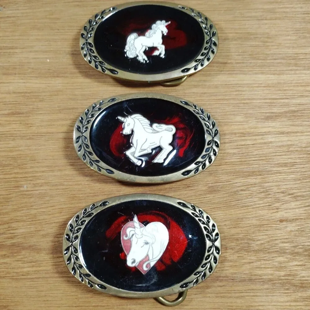 Three Vintage Unicorn Brass Belt Buckle Heritage Red Heart Lot Mystical Magical